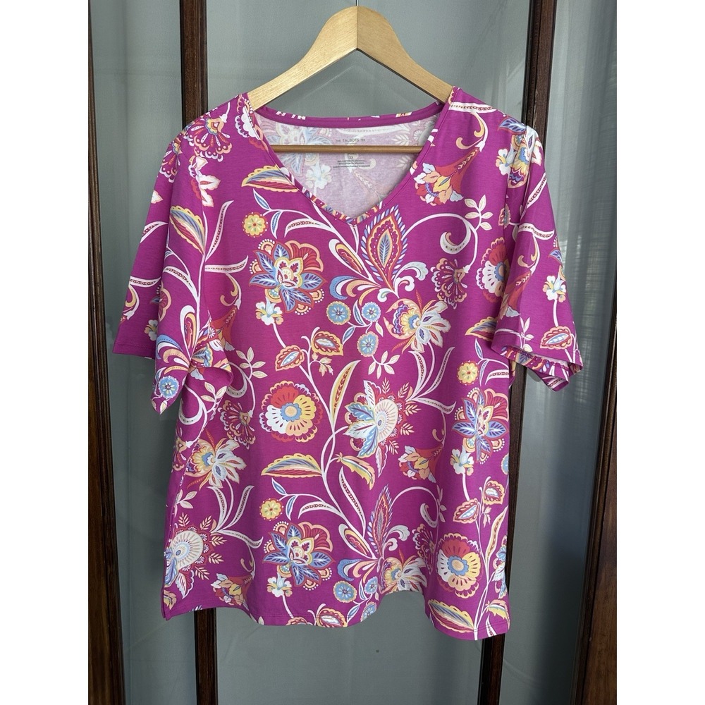 Talbots 'The Talbots Tee' Shirt Womens 2X Pink Paisley V-Neck Short Sleeve Top